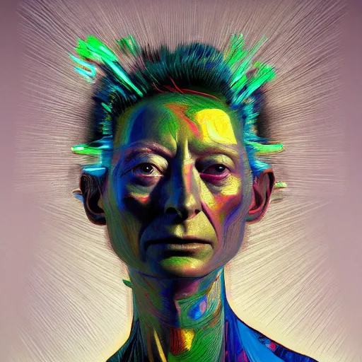 Image similar to a realistic octane render physically based rendering chrome neon tilda swinton, trending on artstation, by archan nair and marlene dumas, intricate details, gilded, in the style of frank auerbach, in the style of martin ansin, in the style of david aja, by kandinsky