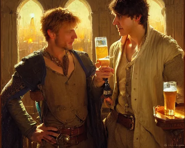 Prompt: attractive arthur pendragon and attractive merlin go to a pub together to have some drinks. highly detailed painting by gaston bussiere, craig mullins, j. c. leyendecker 8 k