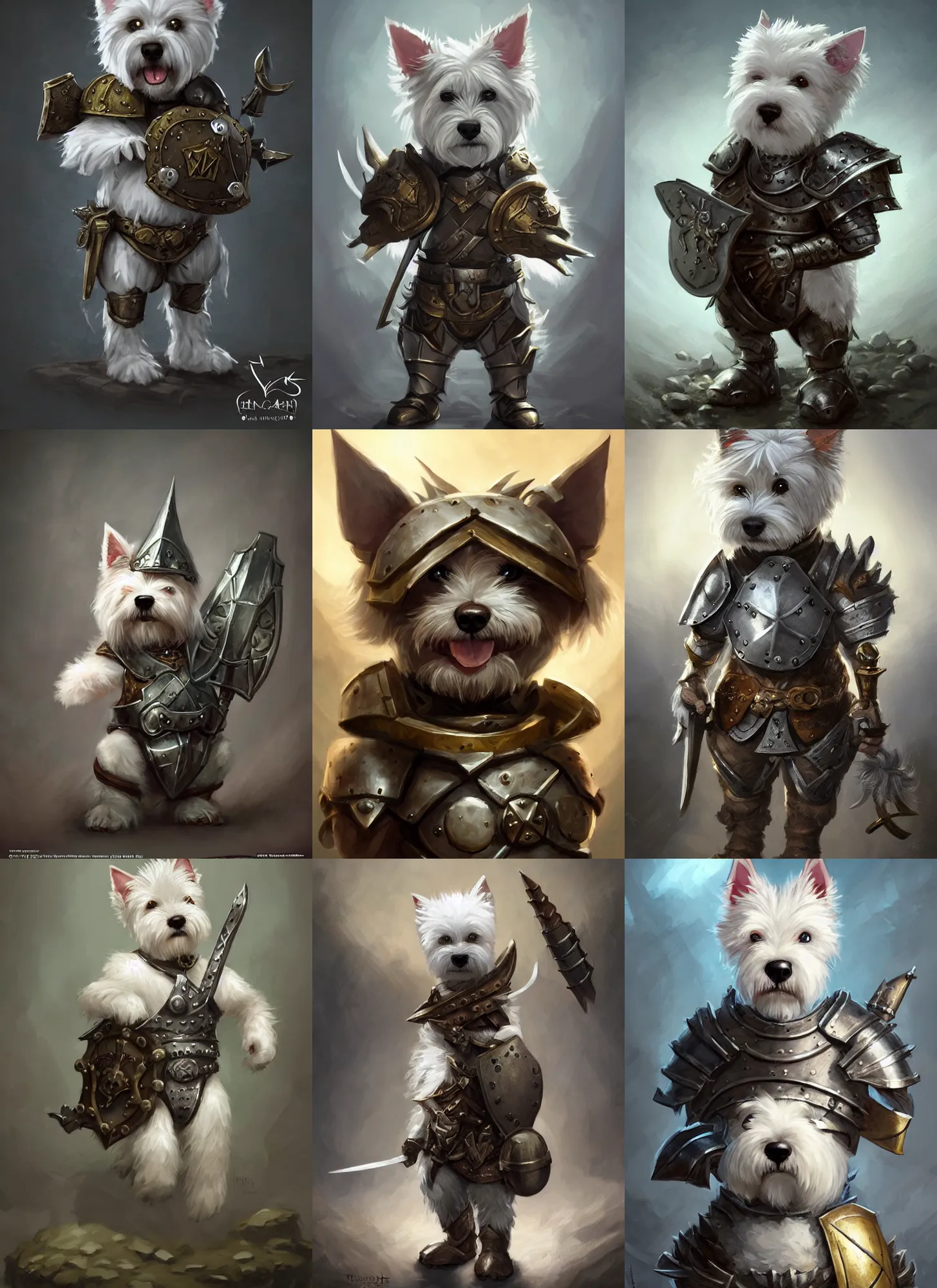 Prompt: A cute little anthropomorphic west highland white terrier knight wearing metal body armor, short, baby animal, joy, DnD character art portrait, ultra realistic, ultra detailed, cinematic lighting, DeviantArt Artstation, by Jason Felix by Steve Argyle by Tyler Jacobson by Peter Mohrbacher