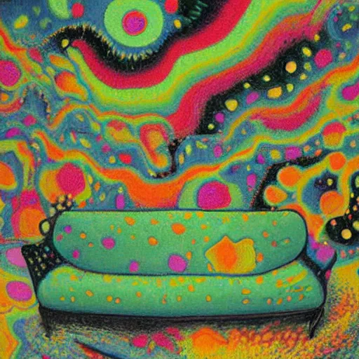 Prompt: psychedelic trippy couch in the lush forest, planets, flowers, mushrooms milky way, sofa, cartoon by mordecai ardon