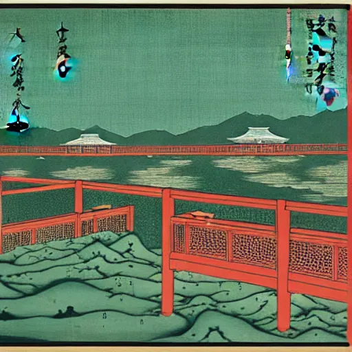 Image similar to a chinese prison near a river by peter doig and ukiyo - e, muted colors