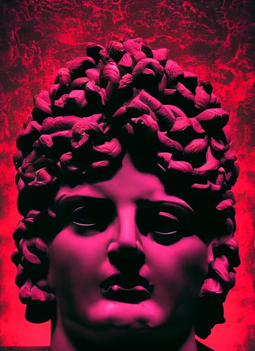 Image similar to dark design poster showing a statue of dionysus, mostly monochromatic, black background with very subtle red and purple design elements, powerful, nekro, vito acconci, thin straight lines, dark, glitch art, neo vaporwave, gritty, layout frame, square, trending on artstation