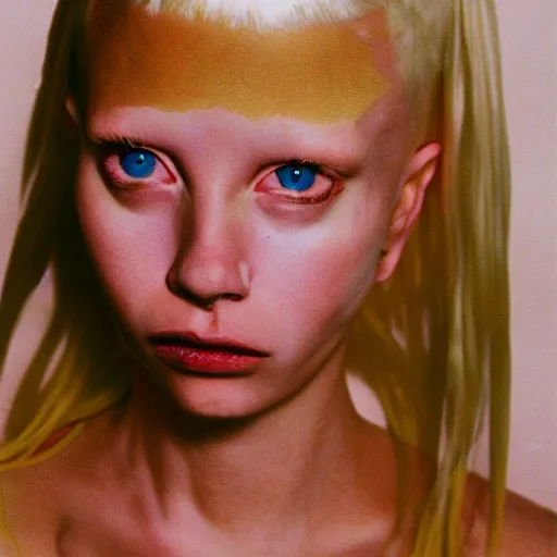 Image similar to realistic expired kodak film portrait of female albino yolandi visser, hyperrealism, hypermaximalism, photorealistic, detailed, atmospheric, 8 k, award winning photography, cinematic