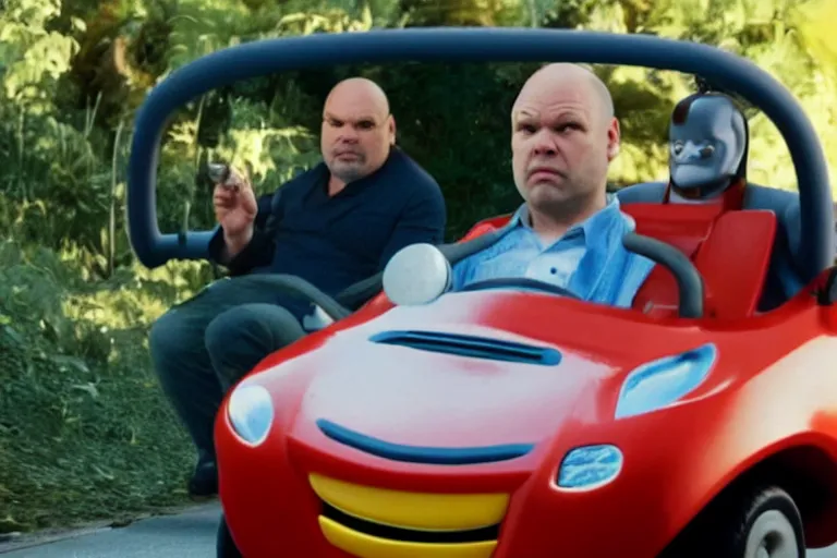 Prompt: vincent d'onofrio as kingpin driving a little tikes cozy coupe, movie still, from the new daredevil movie, 8 k, realistic