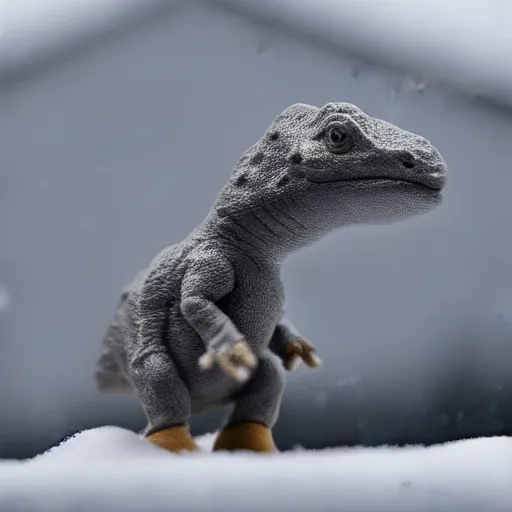 Prompt: award winning photo by saul leiter of a tiny gray dinosaur standing on the roof, tiny gaussian blur, insanely detailed, insanely intricate, depth of field, low contrast, snowy, wide aperture