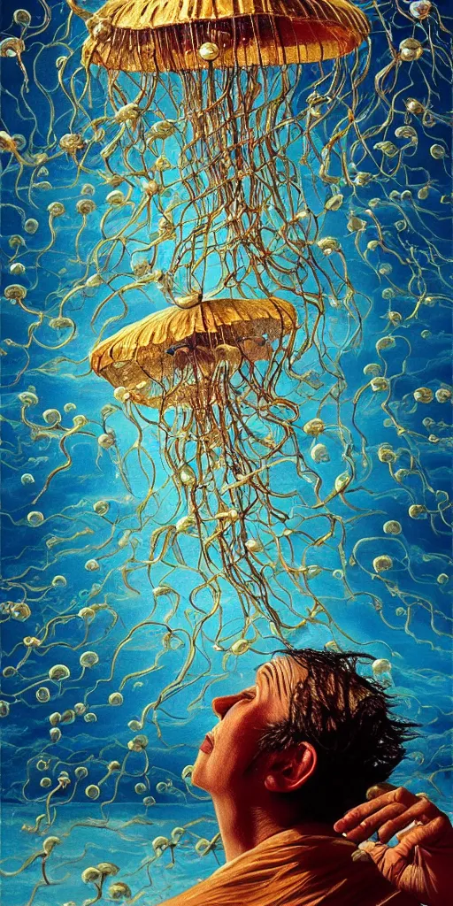 Image similar to a thousand little jellyfish flying through the sky!!! different realm, cinematic, dark fantasy, acrylic palette knife, high detail, hyper realism, ray tracing, 4 k resolution, 8 k resolution, full hd, neon, realistic painting by junji ito, laurie lipton and michael whelan, salvador dali