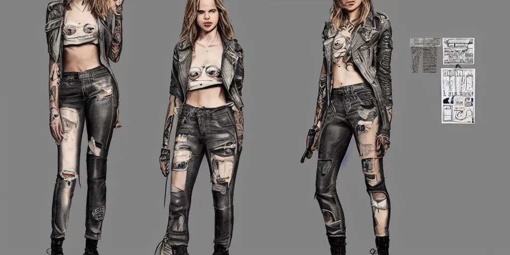 Image similar to halston sage fully tattooed, wearing scratched and ripped short leather jeans, wearing an aviator outfit with a smiley stamp, character sheet, fine details, props, concept design, contrast, kim jung gi, greg rutkowski, trending on artstation, 8 k, full body, turnaround, front, back, ultra wide angle