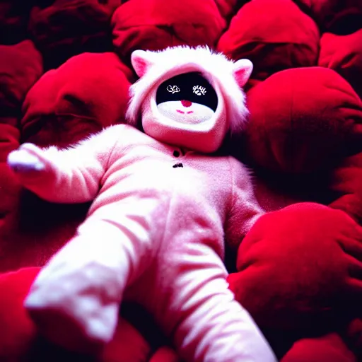 Image similar to lomography long shot of cute plush fluffy chthonic doll monster made to look like a baby, bokeh background