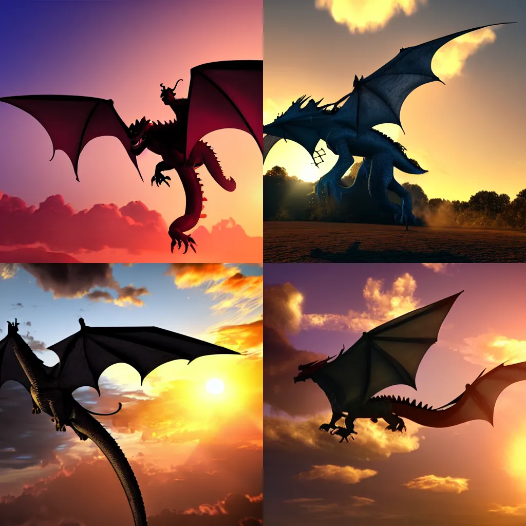 Prompt: a dragon wearing a saddle, flying in a beautiful sunset sky. Photo realism. Volumetric light. Light rays.