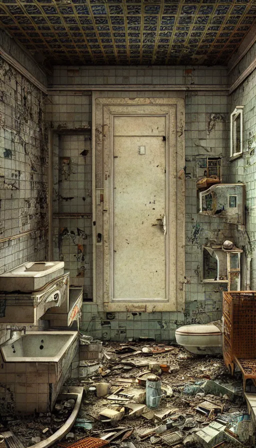 Image similar to a beautiful hyperdetailed illustration of building urbex abandoned bathroom by wes anderson, futuristic desert liberty city sea nature apocalyptic, archdaily, wallpaper, highly detailed, trending on artstation.