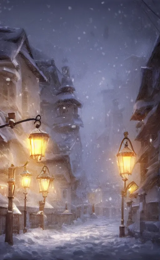 Image similar to a blurry ambient lantern in the distance of a snowy village at night, dynamic lighting, ambient lighting, atmospherical, photorealistic fantasy concept art, trending on art station, stunning visuals, creative, cinematic, ultra detailed