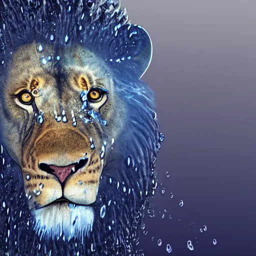 Image similar to a male lion's face breaching through a wall of water, water sprites, splashing, deep blue water color, highly detailed, realistic digital art