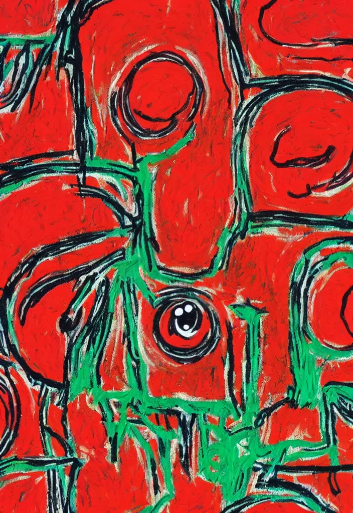 Prompt: tomatoes eyes in the style of jean michel basquiat, beksisnski, and pablo picasso