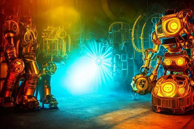 Image similar to scene is la troya party in amnesia in ibiza, portrait photo of a giant huge golden and blue metal steampunk robot, with futuristic gears and tubes, eyes are glowing red lightbulbs, shiny crisp finish, 3 d render, 8 k, insaneley detailed, fluorescent colors, haluzinogetic, background is multicolored lasershow