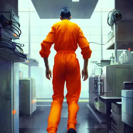 Image similar to a man in an orange jumpsuit running through a laboratory,digital art,art by greg rutkowski,ross tran,artstation,deviantart,photorealistic,hyperdetailed,detailed face,dramatic,cinematic,high quality,studio photograph