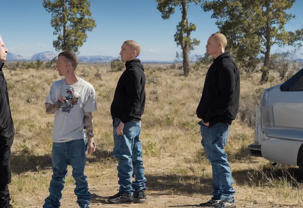 Prompt: eminem talking with saul goodman, studio photo, hdr, award winning photo, stunning scenery, 8 k, face focus