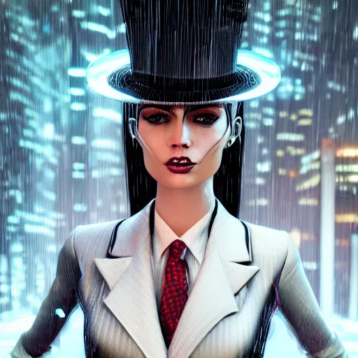 Prompt: stylish woman made out of rain, pinstripe suit, top hat, cyberpunk background, rendered in octane, unreal engine, highly detailed, trending on artstation, realistic, neon, beautiful