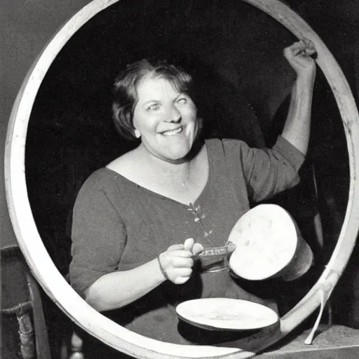 Prompt: marjorie taylor greene eating a large wheel of cheese,