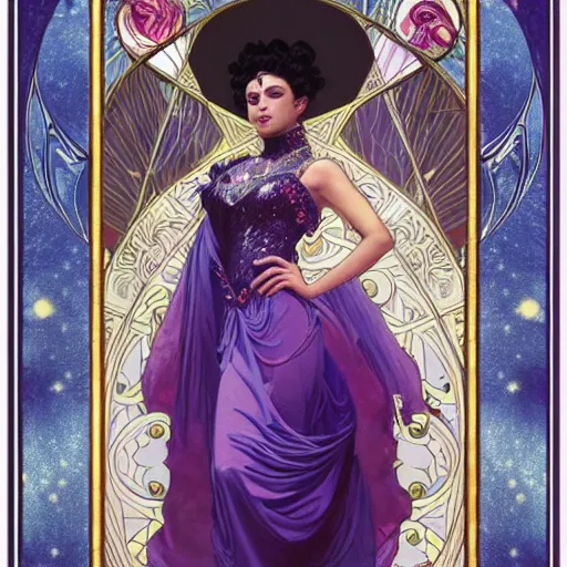 Prompt: an extremely detailed tarot card of an unbelievably beautiful queen of the moon with long black hair and purple eyes, long red strapless floor length dress, shinny deep blue high heels, ostentatious and extravagant masquerade ball, neoclassical architecture, 4 k, artstation, detailed, realistic, by alphonse mucha and greg rutkowski