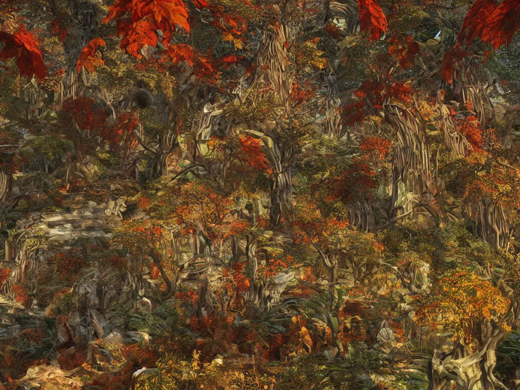 Prompt: autumn cannibalism in ancient city art by ernst haeckel, fractal, hypermaximalism unreal render engine 8 k