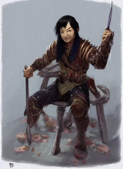 Image similar to asian with medium black hair man sitting at his desk look down at me, low angle, camera low, dndbeyond, bright, colourful, realistic, dnd character portrait, full body, pathfinder, pinterest, art by ralph horsley, dnd, rpg, lotr game design fanart by concept art, behance hd, artstation, deviantart, hdr render in unreal engine 5