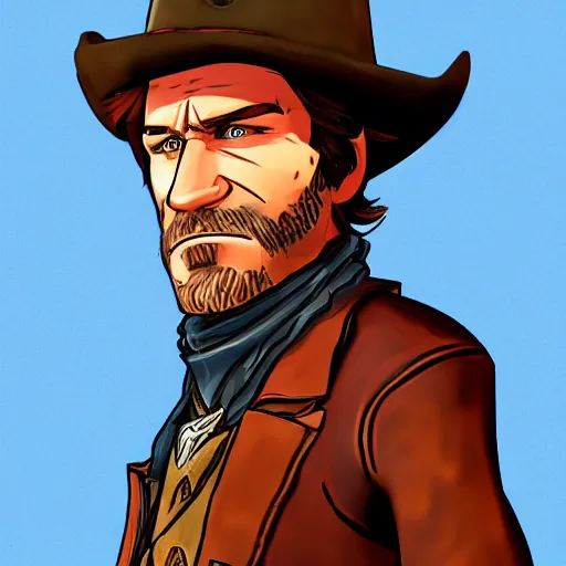 Image similar to Arthur Morgan from Red Dead Redemption 2 drawn in the style of Borderlands