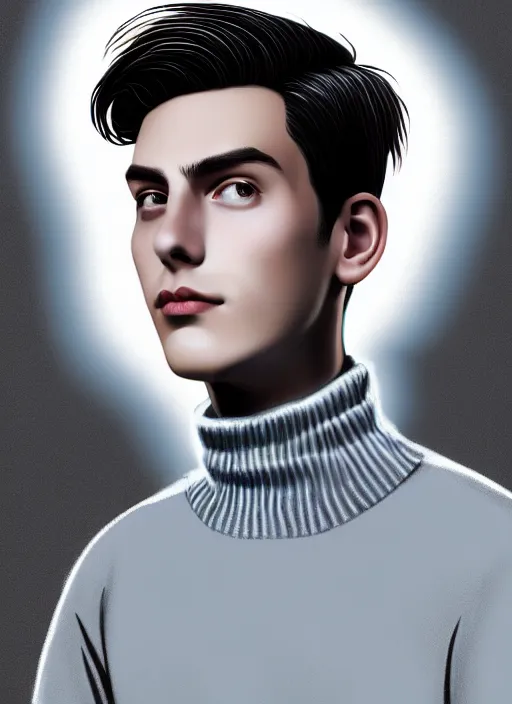 Image similar to portrait of teenage jughead jones wearing a light grey crown, crown, blue turtleneck, 1 9 5 0 s, closed eyes, photorealistic, black hair, glowing lighting, intricate, elegant, glowing lights, highly detailed, digital painting, artstation, concept art, smooth, sharp focus, illustration, art by wlop, mars ravelo and greg rutkowski