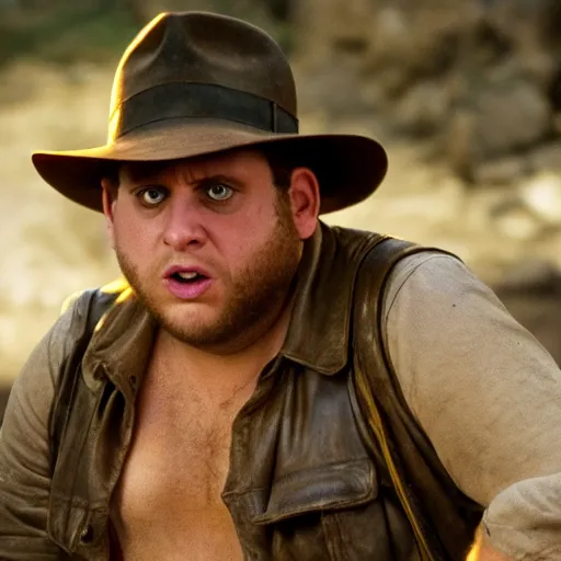 Image similar to Jonah Hill as indiana jones in raiders of the lost ark, 8k resolution, full HD, cinematic lighting, award winning, anatomically correct