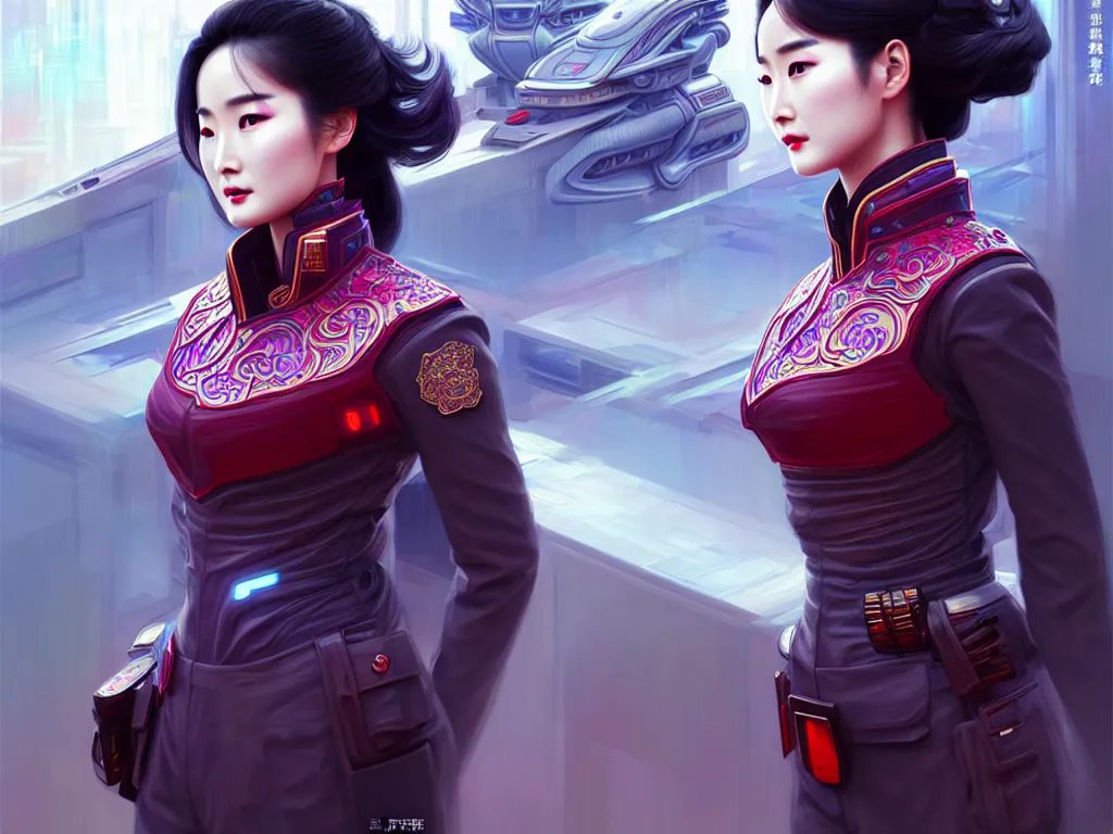 Prompt: portrait futuristic china police uniform female yang mi, at future neon light rooftop, ssci - fi and fantasy, intricate and very very beautiful and elegant, highly detailed, digital painting, artstation, concept art, smooth and sharp focus, illustration, art by tan zi and ayanamikodon and alphonse mucha and wlop