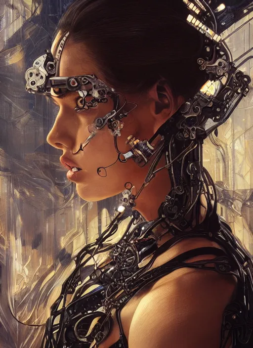 Image similar to symmetry!! adriana lima, machine parts embedded into face, tubes and cables, intricate, elegant, highly detailed, digital painting, artstation, concept art, smooth, clockwork, sharp focus, illustration, art by artgerm and greg rutkowski and alphonse mucha, 8 k