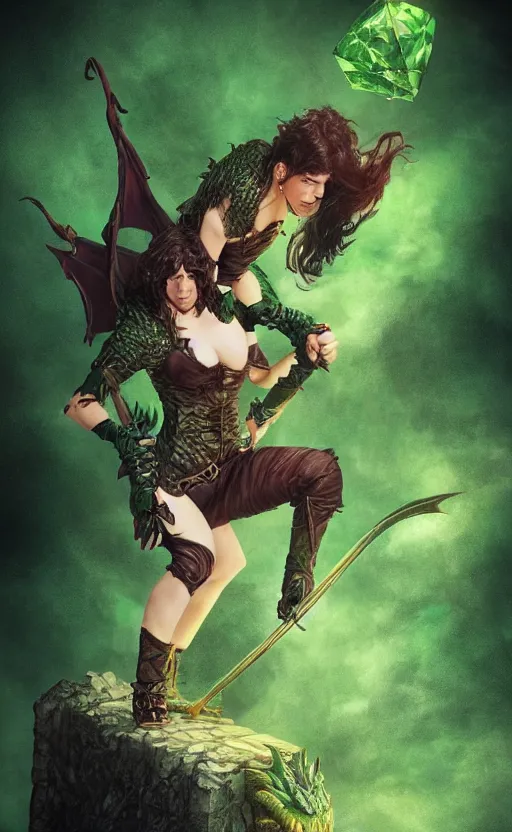 Prompt: epic fantasy d & d female halfling rogue riding on top of a green dragon, green dragon, waterdeep, black hair, red leather corset, cinematic, beautiful lighting, heroic