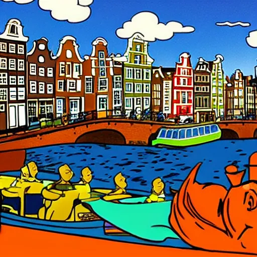 Image similar to amsterdam in the style of herge, tintin