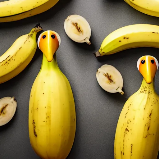 Image similar to professional photograph of banana ducks, peeled bananas with googly eyes and duck beaks