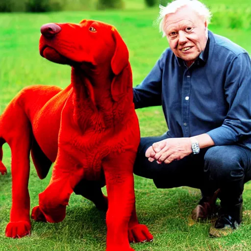 Image similar to Sir David Attenborough with Clifford the Big Red Dog