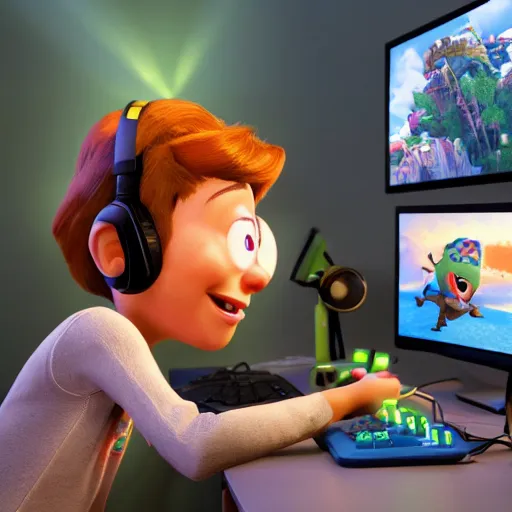 Image similar to Pixar studios depiction of a gamer, global illumination, raytracing, 4K