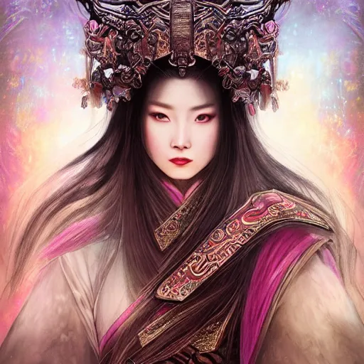 Prompt: beautiful ancient fantasy portrait of wuxia armor heroine, wearing Xian Xia wardrobe, in forbidden City, hybrid from Dynasty Warriror, flowers sea rainning everywhere, intricate, very very beautiful, elegant, highly detailed, digital painting, beautiful glowing galaxy eyes, human anatomy, hyperrealistic, soft light, dynamic, artbreeder, artstation, fantasy concept art, smooth, sharp focus, illustration, art by tian zi and alphonse mucha and WLOP