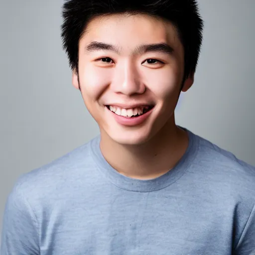 Image similar to Extremely detailed, high-resolution, coherent, realistic face of a babyfaced 20 year old Hong Kong male, smiling, studio photography