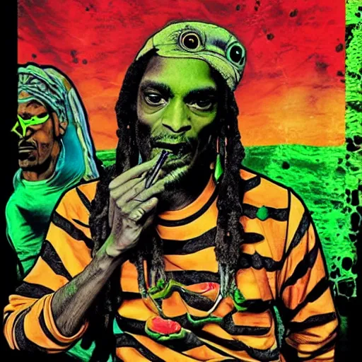 Prompt: alien smoking weed and getting high with snoop dogg, raggae art, # 4 2 0, # smokeweedeveryday, rasta