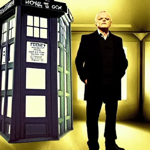 Image similar to anthony hopkins as doctor who in front of tardis, directed by christopher nolan, 2 0 0 9