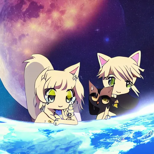 Image similar to Two Anime Catgirls on the Moon watching Earth's destruction, cinematic