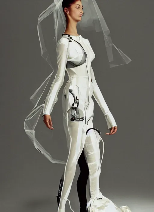 Prompt: an early 0 0's digital portrait of a beautiful girl detailed features wearing a pilot latex suit wedding dress - chic trend. lots of zippers, pockets, synthetic materials, jumpsuits. by balenciaga and issey miyake by ichiro tanida and mitsuo katsui