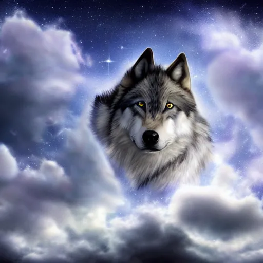 Prompt: of a fantasy sky and the gases and clouds shape into a wolf's head epic digital art