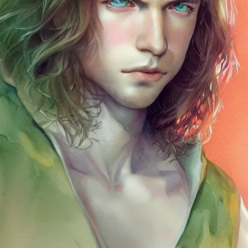 Prompt: teen boy, middle length hair, blonde hair, green eyes, gorgeous, amazing, delicate, elegant, intricate, highly detailed, watercolor, portrait, artstation, concept art, sharp focus, illustration, art by charlie bowater and Ross tran