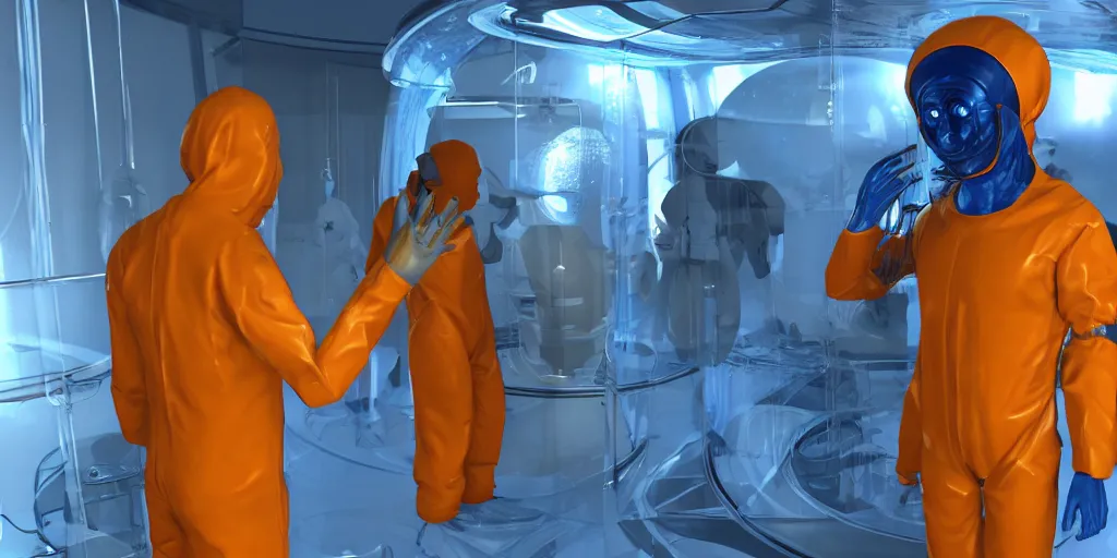 Image similar to team of sci - fi scientists in blue bio - hazard suits research creepy alien in stasis capsule filled water with orange light, high detail, dark environment, volumetric light, unreal engine 5, digital art