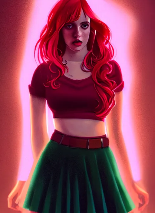 Image similar to full body portrait of teenage cheryl blossom, bangs, green eyes, sultry expression, red hair, sultry smirk, bangs and wavy hair, pink skirt, intricate, elegant, glowing lights, highly detailed, digital painting, artstation, concept art, smooth, sharp focus, illustration, art by wlop, mars ravelo and greg rutkowski