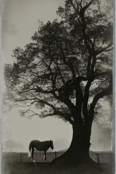 Image similar to an 1800s photo of 2 horses on top of a tree