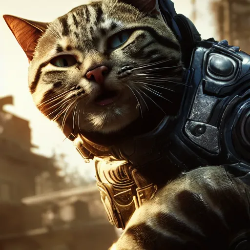 Image similar to polite cat in gears of war, splash art, movie still, detailed face, photorealistic facial features, cinematic lighting, dramatic, octane render, long lens, shallow depth of field, bokeh, anamorphic lens flare, 8 k, hyper detailed, 3 5 mm film grain