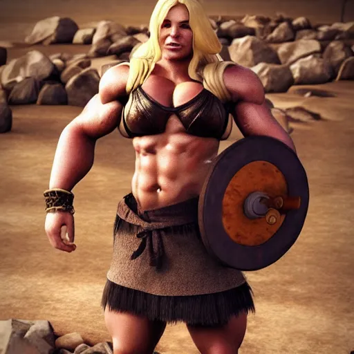 Image similar to a handsome bodybuilder viking girl with blond hair, clash royal style characters, unreal engine 5, octane render, detailed, cinematografic, cinema 4 d