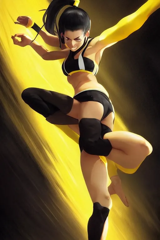 Prompt: black ponytail hair, pale woman in a black zipper jacket and yellow bikini, yellow eyes, by artgerm, hair tied in a ponytail, black backdrop, masterpiece, beautiful render, matte painting, realistic, fighting pose, dynamic angle, by greg rutkowski makoto shinkai takashi takeuchi