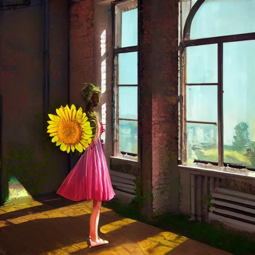 Image similar to giant daisy flower head, woman standing next to modern window in luxury loft, surreal photography, sunlight, impressionist painting, digital painting, artstation, simon stalenhag